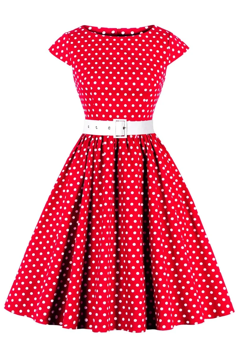 AXOE Damen Rockabilly Kleider 50er Jahre Baumwolle Gürtel S Rot Gepunkte, S Rot Gepunkte