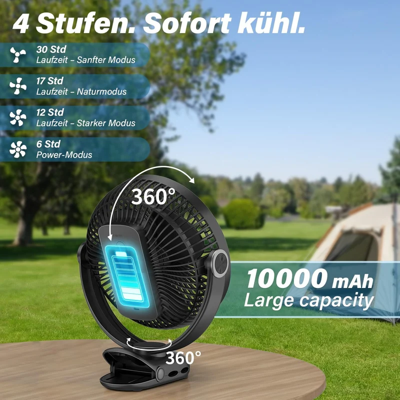 20cm Tragbarer Clip-On-Ventilator, 10000mAh Akku-Ventilator mit Clip für Kinderwagen, 720 Grad Drehu