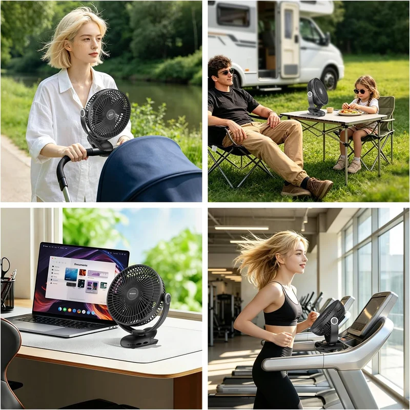 20cm Tragbarer Clip-On-Ventilator, 10000mAh Akku-Ventilator mit Clip für Kinderwagen, 720 Grad Drehu