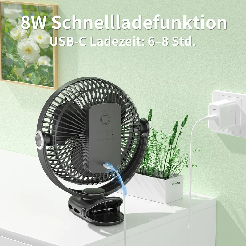 20cm Tragbarer Clip-On-Ventilator, 10000mAh Akku-Ventilator mit Clip für Kinderwagen, 720 Grad Drehu