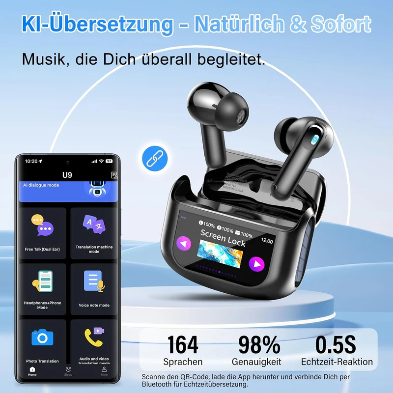 KI Übersetzer Kopfhörer, 3-in-1 Echtzeit Sprachübersetzer Kopfhörer 164 Sprachen mit ANC Mic & App,
