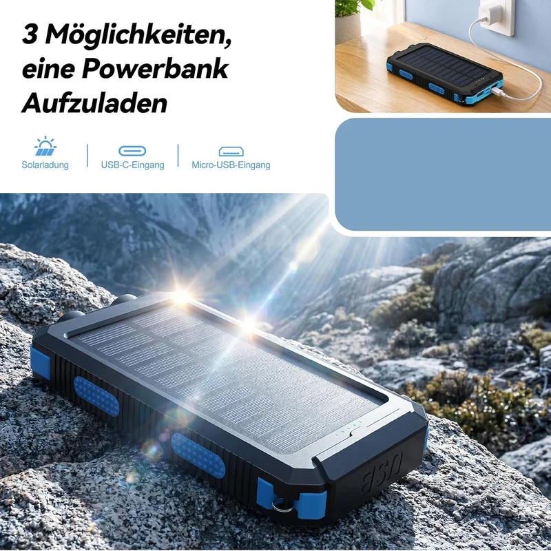 Vikeri Solar Powerbank 26800mAh, Powerbank Solar Wasserdichtes USB C Externer Akku mit 4 Outputs, Po