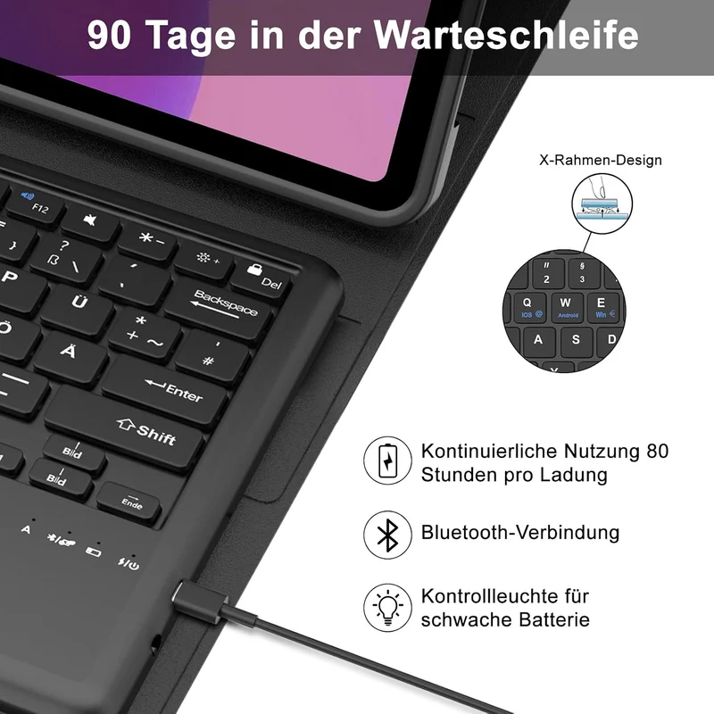 Tastatur für Lenovo Idea Tab Plus 12,1 Zoll TB361ZU/TB361FU, Schwarz | Hülle mit Tastatur für Lenovo