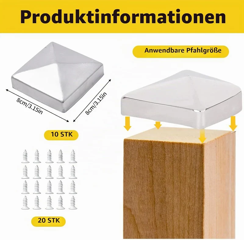 10 Stück Pfostenkappen 8x8cm, Zaunpfosten Kappen für Holzpfosten, Abdeckkappen für Zaunpfosten, Pfos