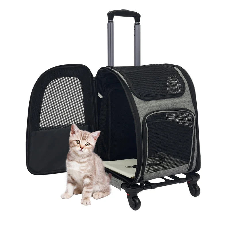 Katzenrucksack Hunderucksack mit Trolley, 2 in 1 Erweiterbar Haustier-Trolley-Rucksack mit Rädern, T