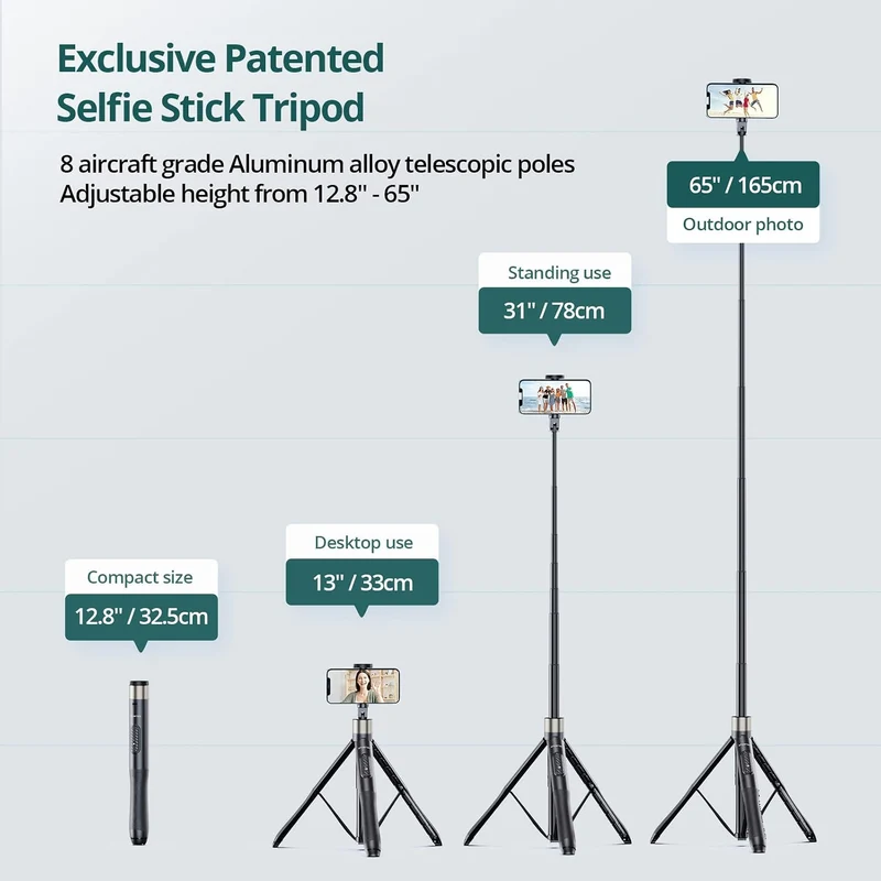 ATUMTEK 165 cm Selfie-Stick, Selfie-Stick mit Abnehmbarer Bluetooth-Fernbedienung, Stativ für Smartp