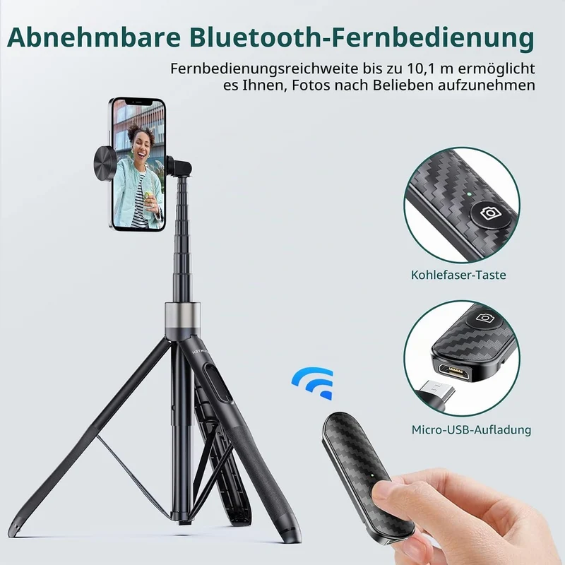 ATUMTEK 165 cm Selfie-Stick, Selfie-Stick mit Abnehmbarer Bluetooth-Fernbedienung, Stativ für Smartp