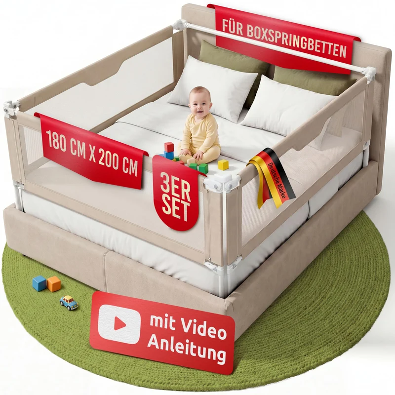 Mallie® Rausfallschutz Boxspringbett 180x200cm Elternbett Beige | 3-seitiges Set mit MALLIEFIX 2.0 C