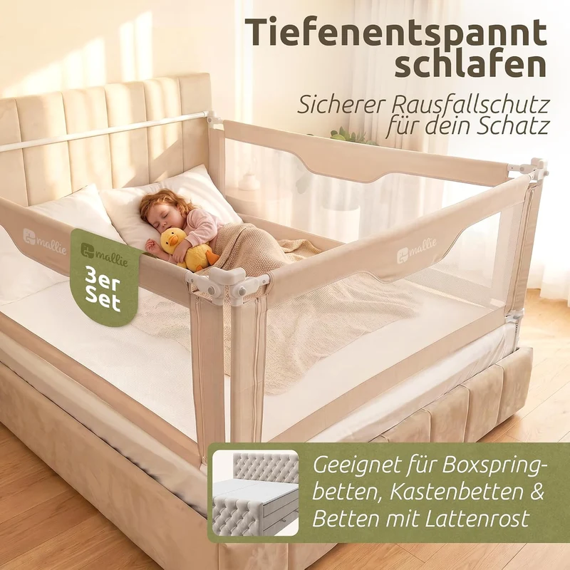 Mallie® Rausfallschutz Boxspringbett 180x200cm Elternbett Beige | 3-seitiges Set mit MALLIEFIX 2.0 C