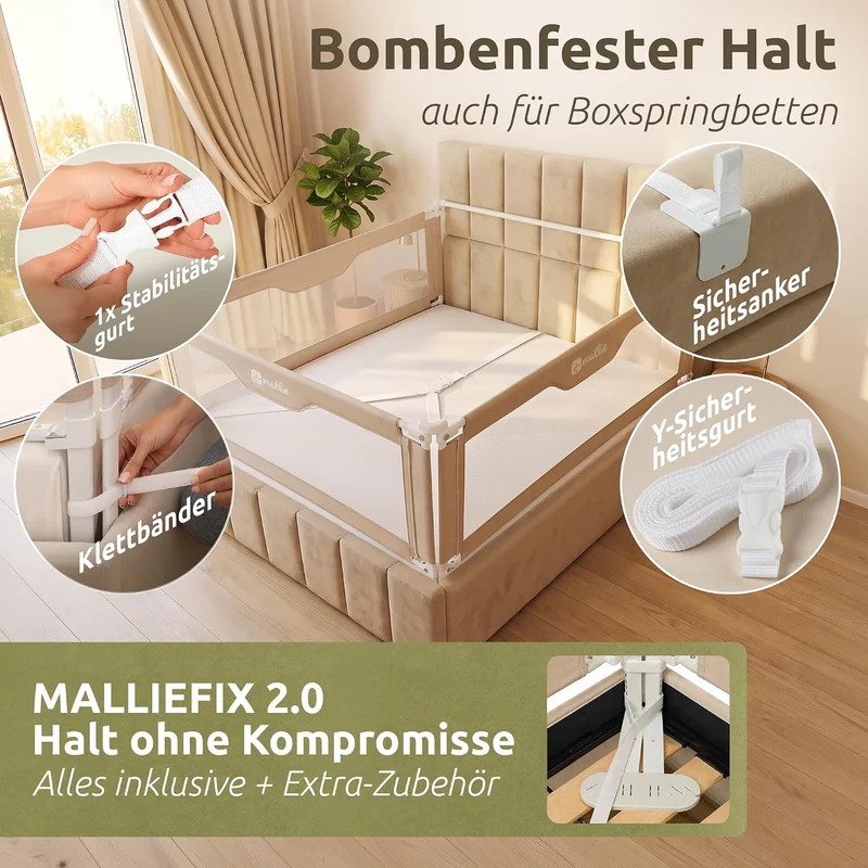 Mallie® Rausfallschutz Boxspringbett 180x200cm Elternbett Beige | 3-seitiges Set mit MALLIEFIX 2.0 C