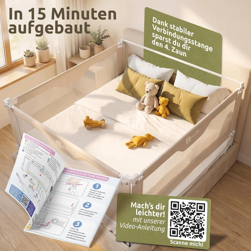 Mallie® Rausfallschutz Boxspringbett 180x200cm Elternbett Beige | 3-seitiges Set mit MALLIEFIX 2.0 C