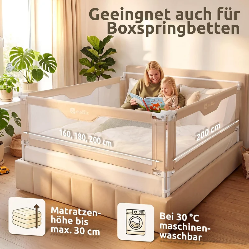 Mallie® Rausfallschutz Boxspringbett 180x200cm Elternbett Beige | 3-seitiges Set mit MALLIEFIX 2.0 C