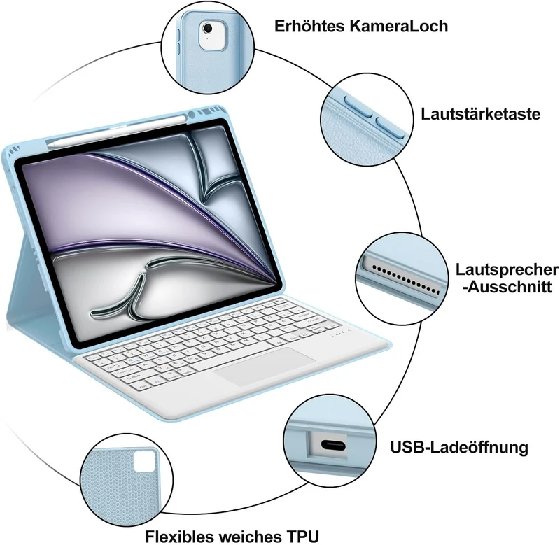 Tastatur für iPad Air 13 M4/M3/M2 (2026-2024) & iPad 12.9 Touchpad, Blau | Hülle Tastatur für iPad A