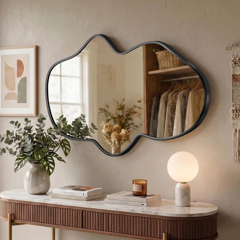 Wavy Wandspiegel, Unregelmässiger Metallrahmenspiegel für Badezimmer, Schlafzimmer & Flur, Asymmetri