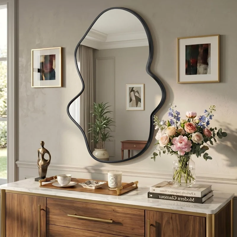 Wavy Wandspiegel, Unregelmässiger Metallrahmenspiegel für Badezimmer, Schlafzimmer & Flur, Asymmetri