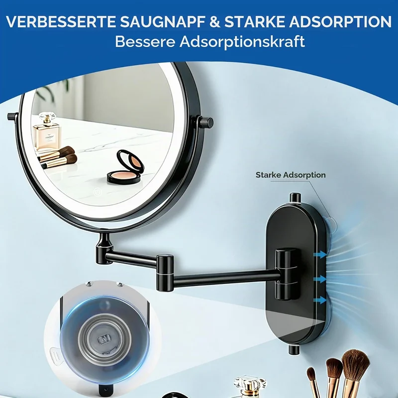 Schwarz Kosmetikspiegel mit Beleuchtung Wandmontage Saugnapf, 1X/10X Rasierspiegel Wandmontage Saugn