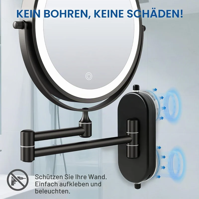 Schwarz Kosmetikspiegel mit Beleuchtung Wandmontage Saugnapf, 1X/10X Rasierspiegel Wandmontage Saugn