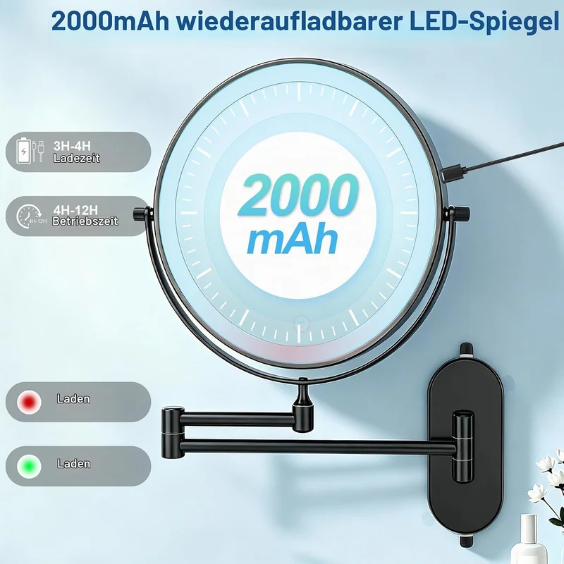 Schwarz Kosmetikspiegel mit Beleuchtung Wandmontage Saugnapf, 1X/10X Rasierspiegel Wandmontage Saugn