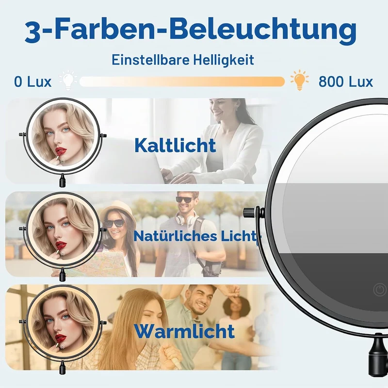 Schwarz Kosmetikspiegel mit Beleuchtung Wandmontage Saugnapf, 1X/10X Rasierspiegel Wandmontage Saugn