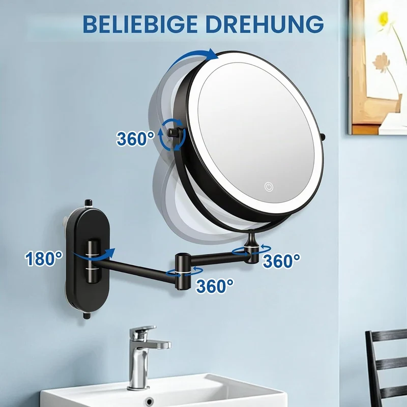Schwarz Kosmetikspiegel mit Beleuchtung Wandmontage Saugnapf, 1X/10X Rasierspiegel Wandmontage Saugn
