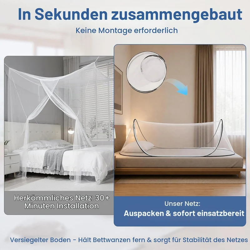Moskitonetz Bett 200 x 80 x 56 cm, Faltbares Mückennetz für Einzelbett, Reise Camping Insektennetz S