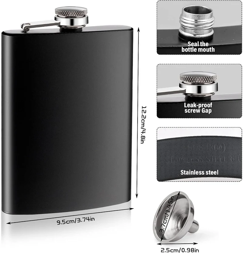 12 Stück Flachmann Edelstahl mit Trichter, 8 oz/ 240 ml Flachmann für Spirituosen Schwarz Klein für