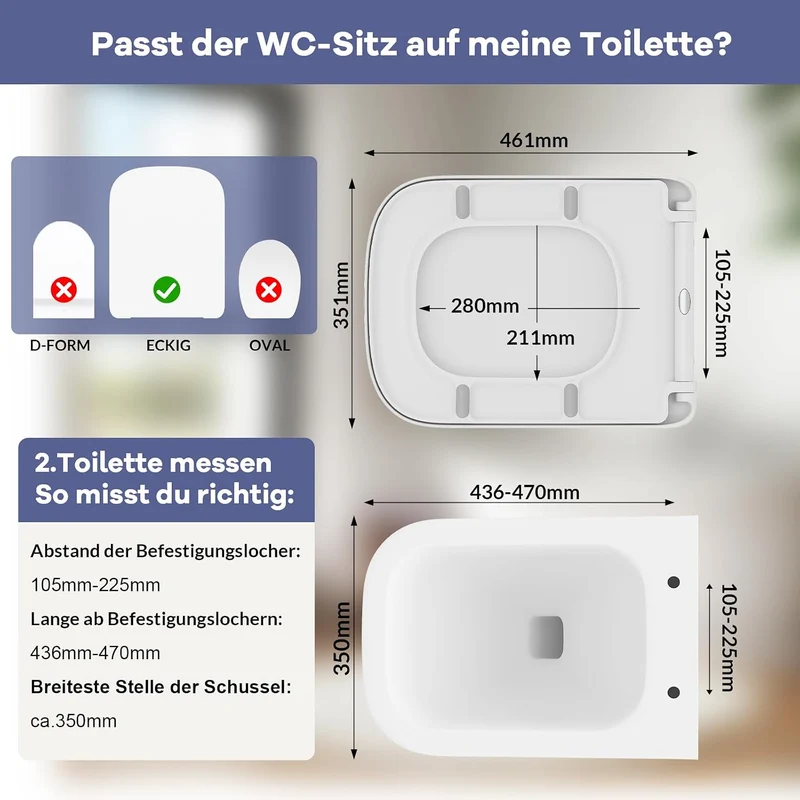 WC-Sitz Eckig, E Form Toilettendeckel mit Absenkautomatik, abnehmbar, Urea-Duroplast, Belastbarkeit