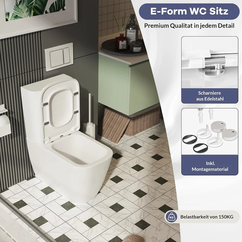 WC-Sitz Eckig, E Form Toilettendeckel mit Absenkautomatik, abnehmbar, Urea-Duroplast, Belastbarkeit