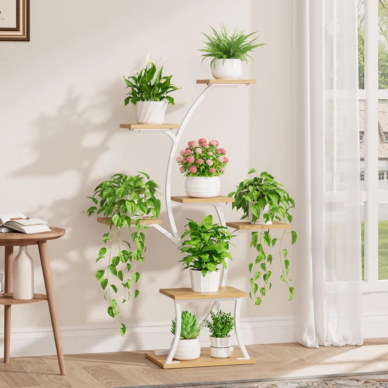 BACEKOLL Pflanzenständer mit Wachstumslicht - 7 Ebenen Blumenständer 112cm Metall Holz Pflanzenregal