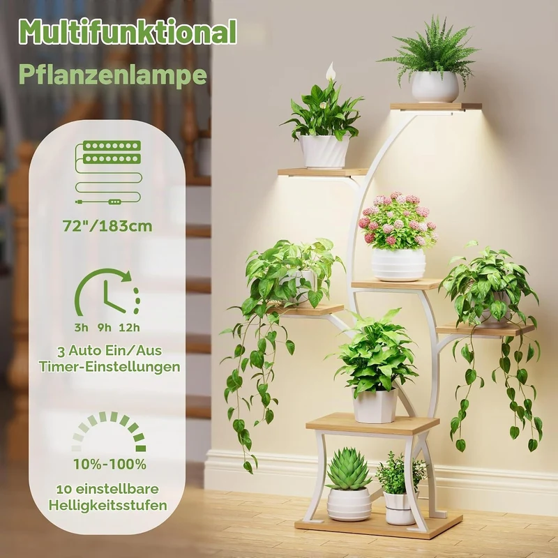 BACEKOLL Pflanzenständer mit Wachstumslicht - 7 Ebenen Blumenständer 112cm Metall Holz Pflanzenregal
