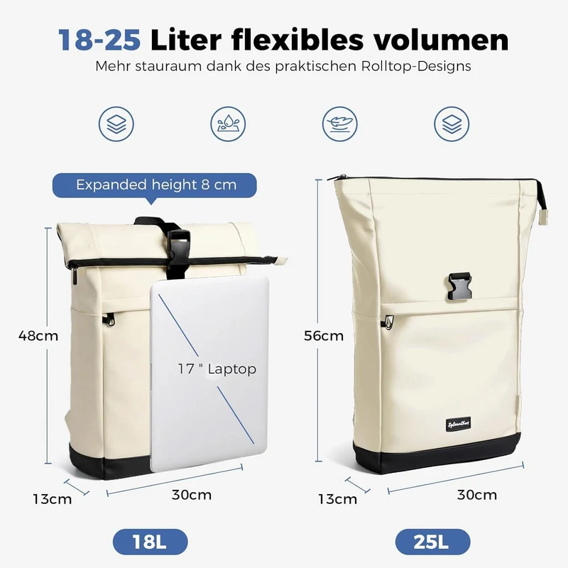 Wasserdicht Rucksack, Laptop Rolltop Rucksack für Herren & Damen Mit Diebstahlsichere Reissverschlus