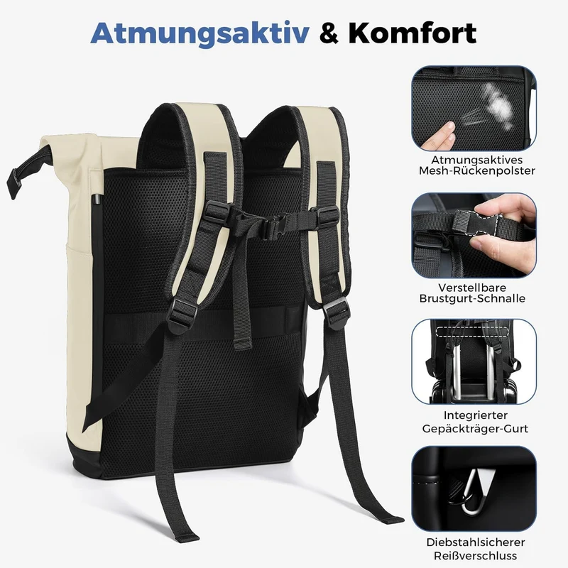 Wasserdicht Rucksack, Laptop Rolltop Rucksack für Herren & Damen Mit Diebstahlsichere Reissverschlus