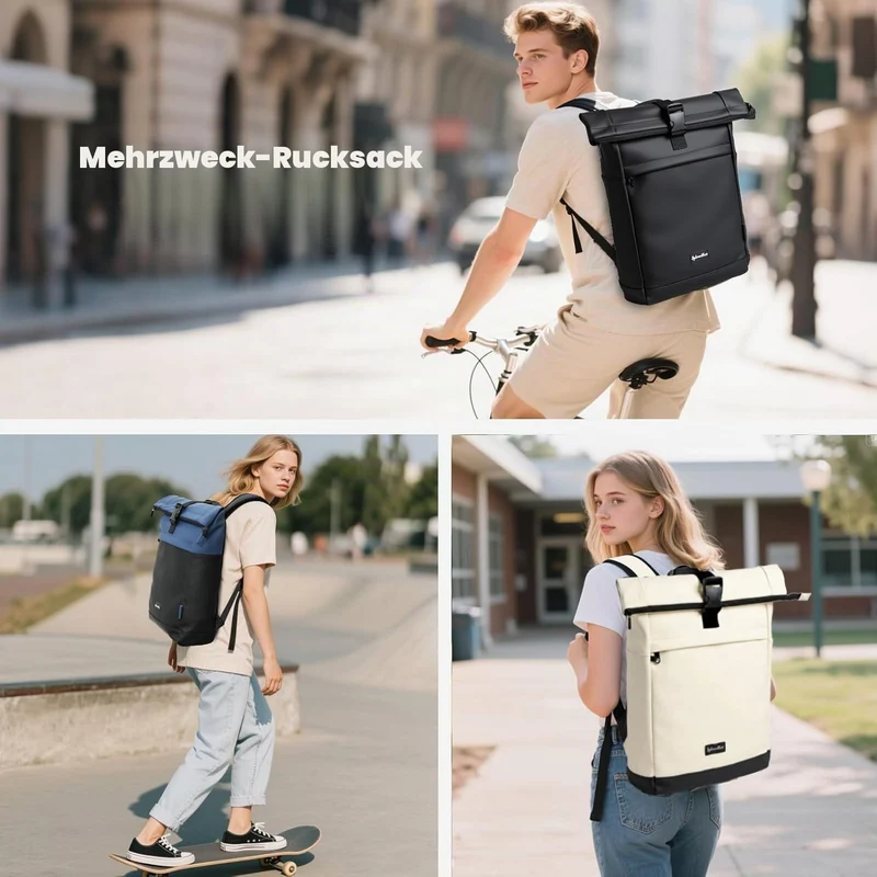 Wasserdicht Rucksack, Laptop Rolltop Rucksack für Herren & Damen Mit Diebstahlsichere Reissverschlus