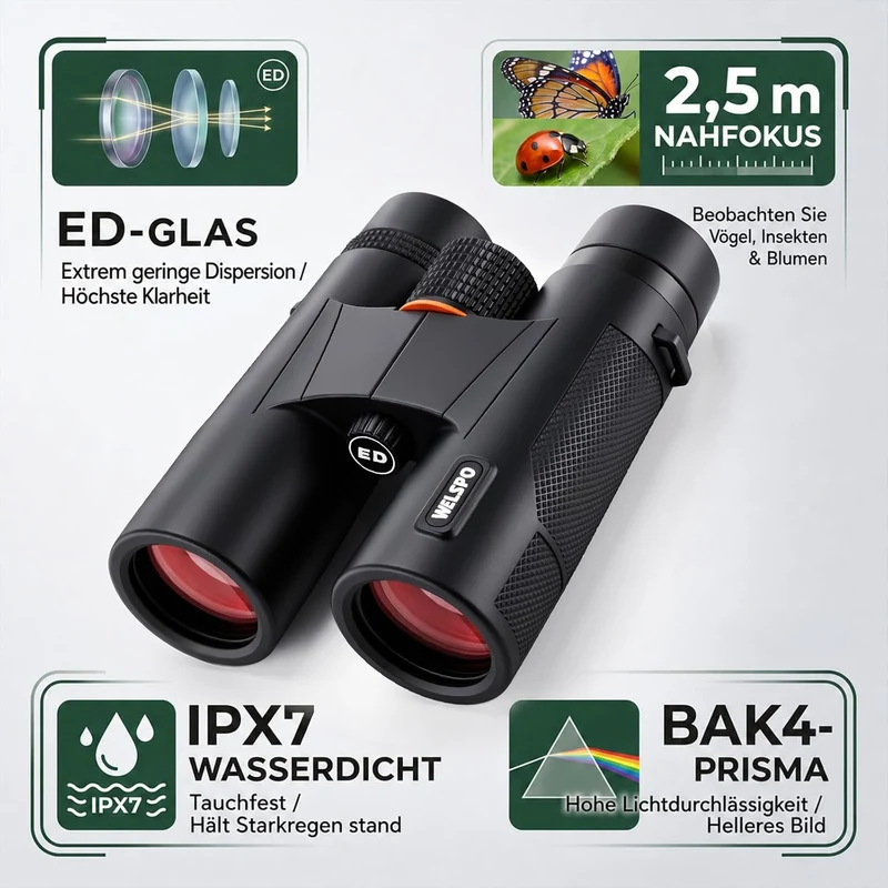 WELSPO Wasserdichtes Fernglas für Vogelbeobachtung, Reisen, Sternbeobachtung und Jagd