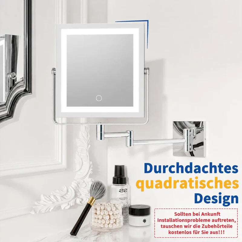 Ruacq Wiederaufladbarer Wand-Make-up-Spiegel mit Beleuchtung, doppelseitig, 1-fach/10-fache Vergröss