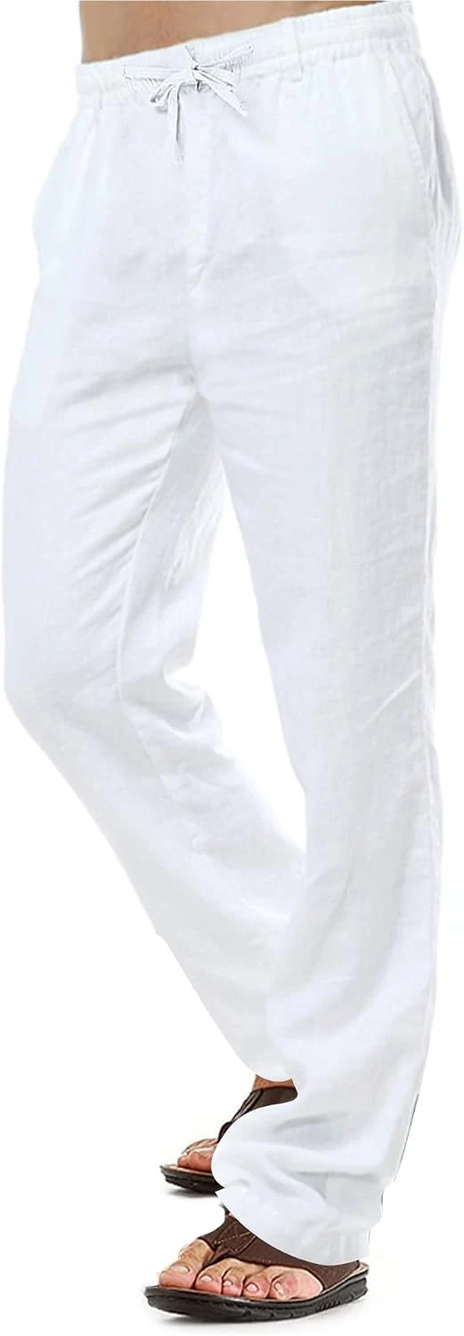 Herren-Leinenhose, lässige Baumwollhose, Sommerhose, Strandhose, leichte Hose mit Kordelzug M Weiss,