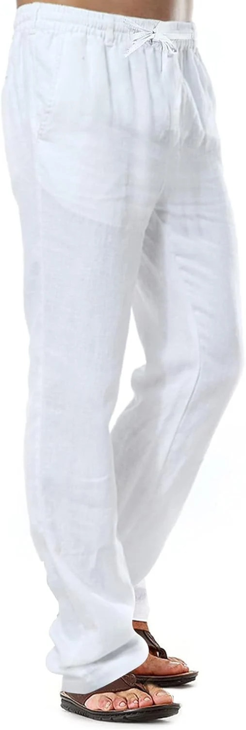 Herren-Leinenhose, lässige Baumwollhose, Sommerhose, Strandhose, leichte Hose mit Kordelzug M Weiss,