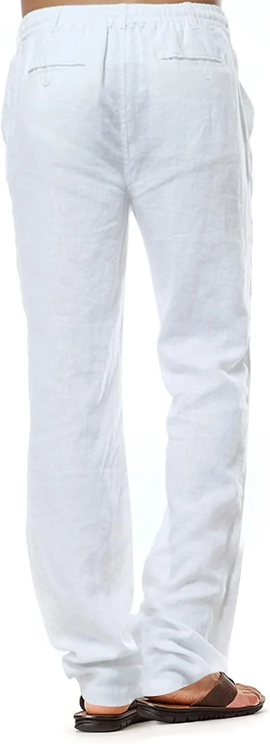 Herren-Leinenhose, lässige Baumwollhose, Sommerhose, Strandhose, leichte Hose mit Kordelzug M Weiss,