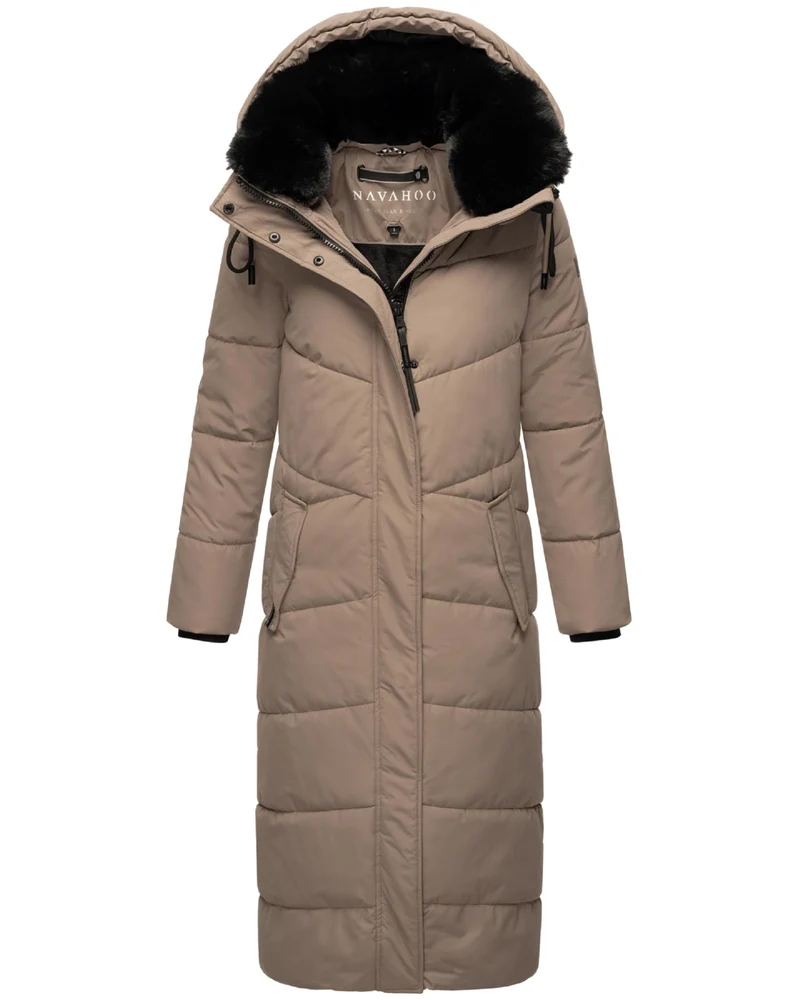 Navahoo Damen Wintermantel Steppmantel extralang mit abnehmbarer Kapuze Hingucker XIV XS-XXL S Taupe