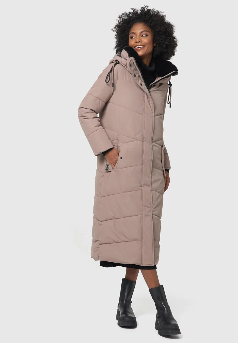 Navahoo Damen Wintermantel Steppmantel extralang mit abnehmbarer Kapuze Hingucker XIV XS-XXL S Taupe
