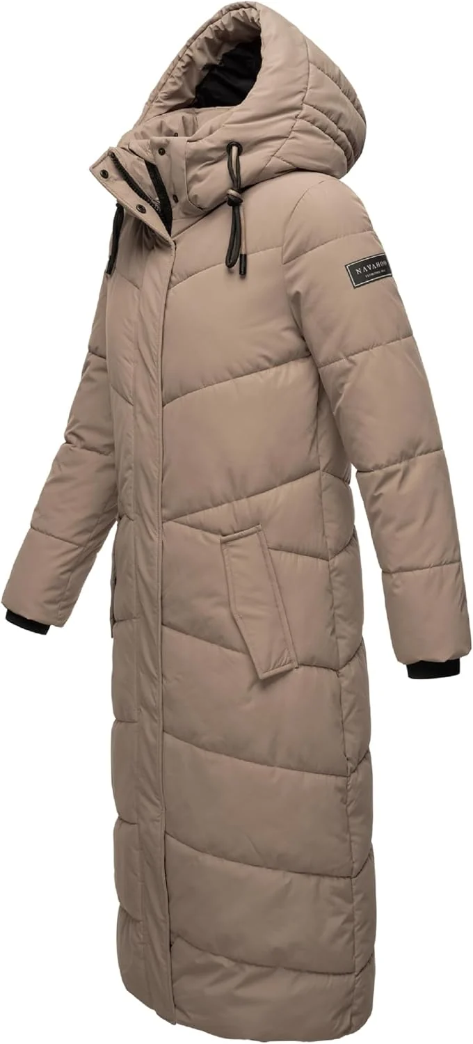 Navahoo Damen Wintermantel Steppmantel extralang mit abnehmbarer Kapuze Hingucker XIV XS-XXL S Taupe