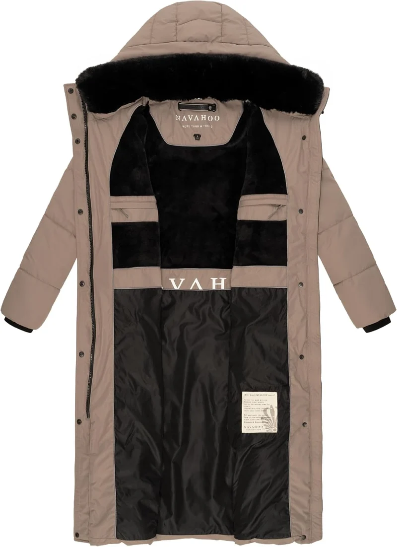 Navahoo Damen Wintermantel Steppmantel extralang mit abnehmbarer Kapuze Hingucker XIV XS-XXL S Taupe