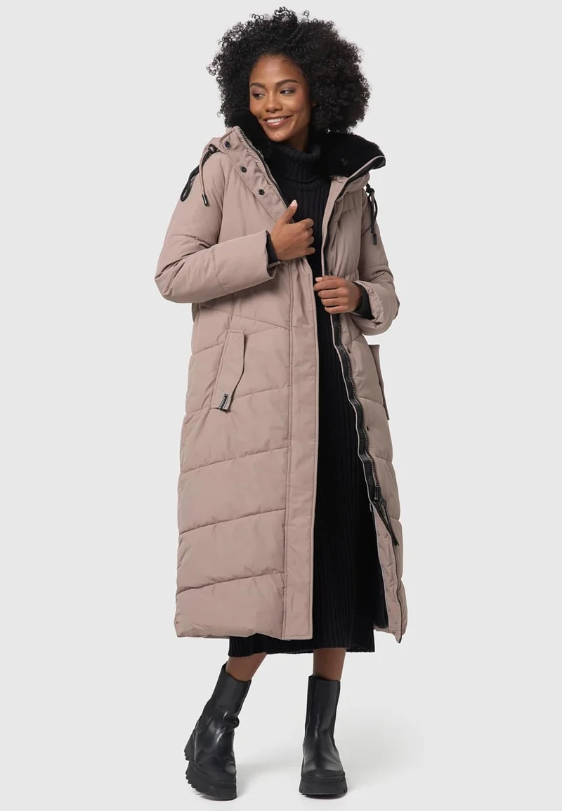 Navahoo Damen Wintermantel Steppmantel extralang mit abnehmbarer Kapuze Hingucker XIV XS-XXL S Taupe