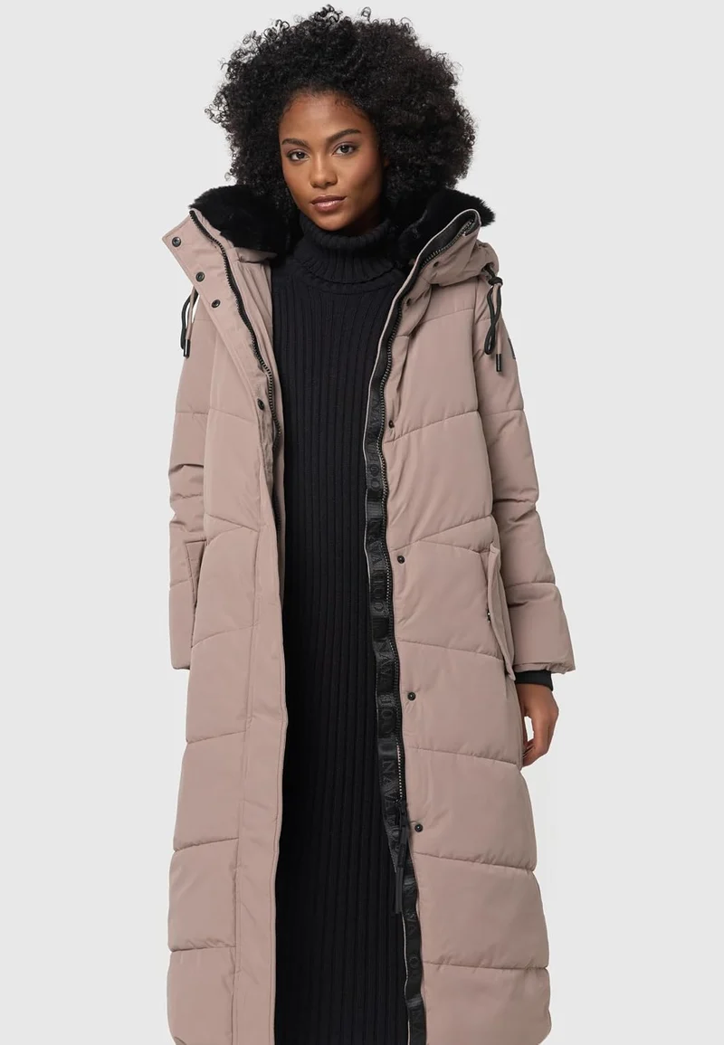 Navahoo Damen Wintermantel Steppmantel extralang mit abnehmbarer Kapuze Hingucker XIV XS-XXL S Taupe