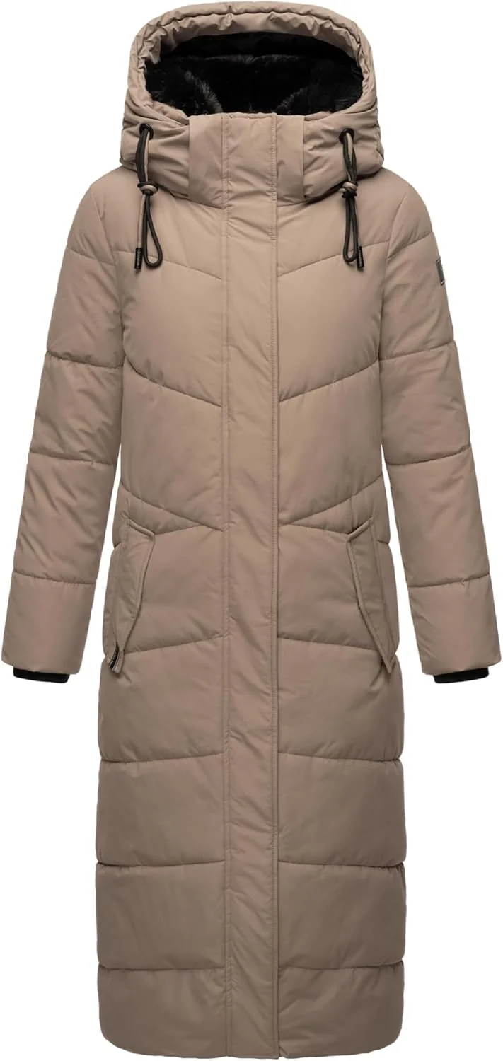 Navahoo Damen Wintermantel Steppmantel extralang mit abnehmbarer Kapuze Hingucker XIV XS-XXL S Taupe