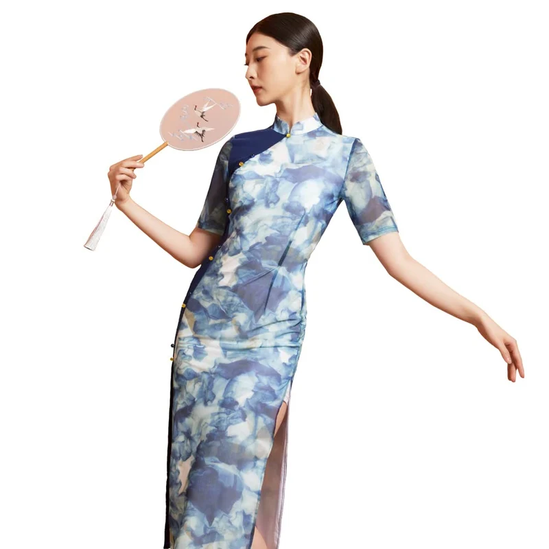 ROYAL SMEELA Blau Cheongsam Damen Druck Cheongsam Qipao Chinesische Kleid Für Frauen Kurzarm Cheongs