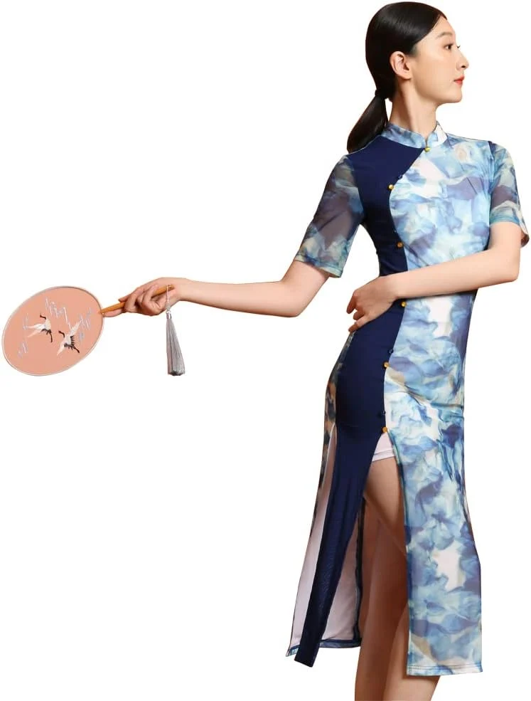 ROYAL SMEELA Blau Cheongsam Damen Druck Cheongsam Qipao Chinesische Kleid Für Frauen Kurzarm Cheongs