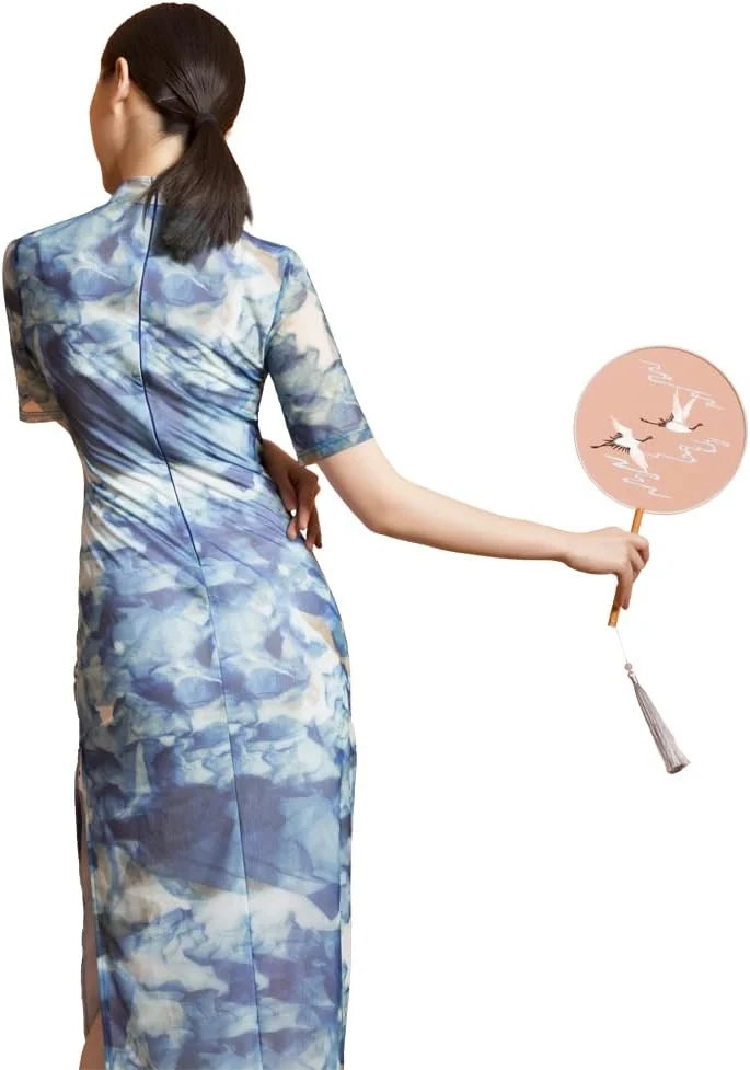 ROYAL SMEELA Blau Cheongsam Damen Druck Cheongsam Qipao Chinesische Kleid Für Frauen Kurzarm Cheongs