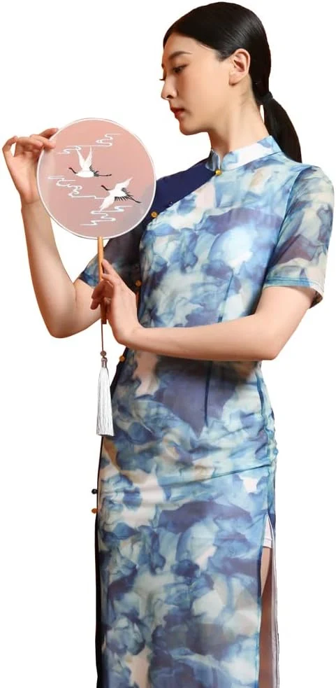 ROYAL SMEELA Blau Cheongsam Damen Druck Cheongsam Qipao Chinesische Kleid Für Frauen Kurzarm Cheongs