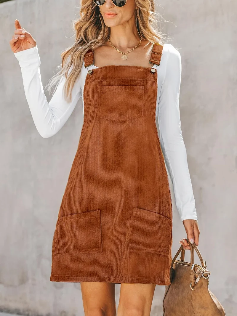 CUPSHE Damen Latzrock Quadratischer Ausschnitt Hosenträger Taschen Cord Latzkleid Overallkleid Freiz